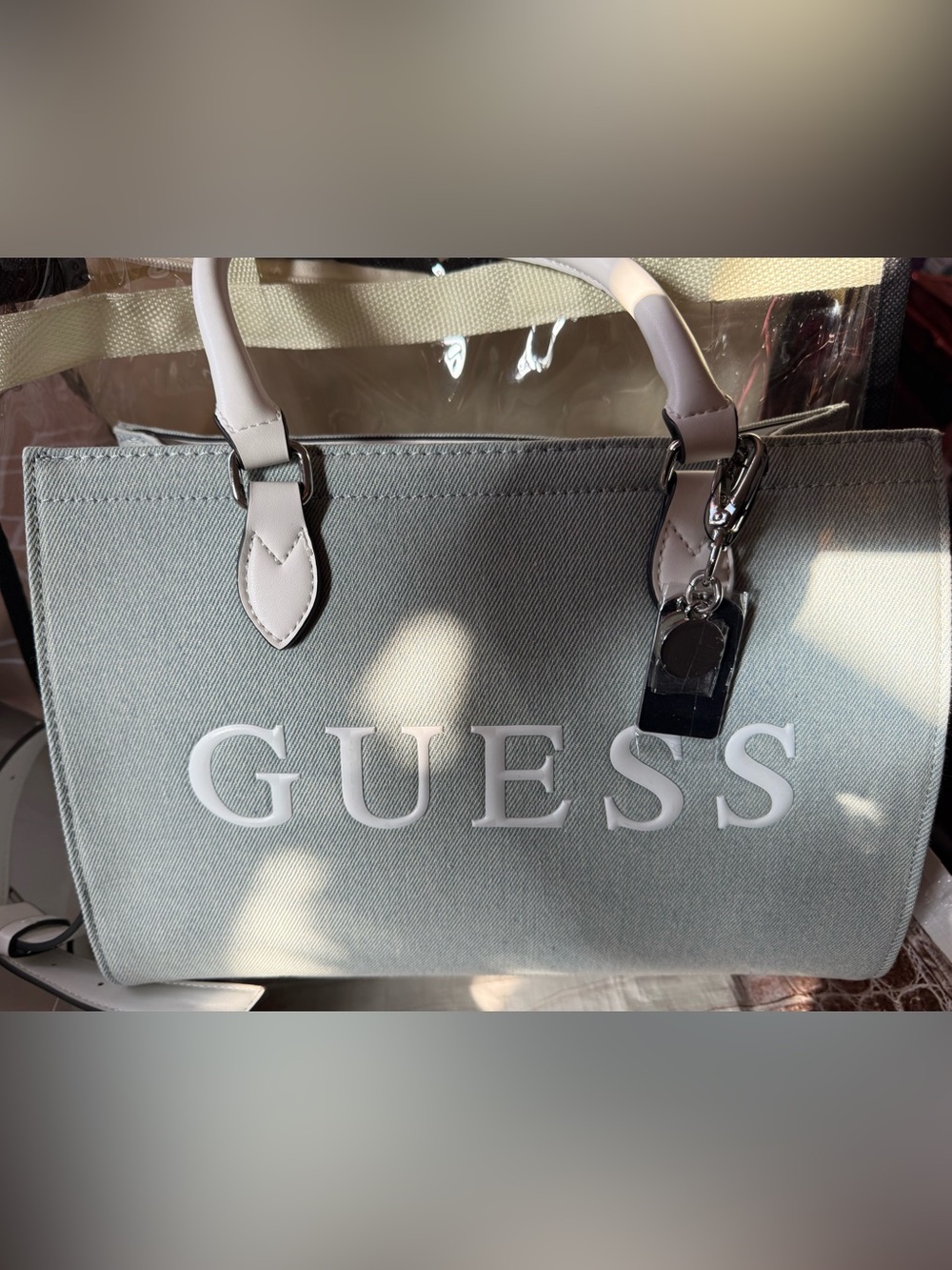 GUESS Light Gray Canvas Tote with Pale Pink Handles